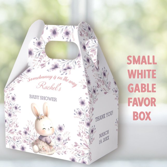 Bunny Lila White Blommigt Vår Girl Baby Shower Presentaskar (Easter Bunny white small Gable Favor Boxes - You can choose from 3 sizes of these gable favor boxes.)
