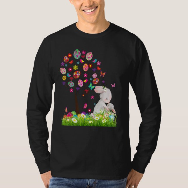 Bunny Mamma och Dotter Påskägget Påsk Träd T Shirt (Framsida)