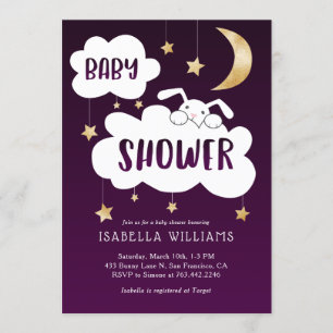 Bunny Måne Stars Lila Guld Baby Shower Inbjudningar