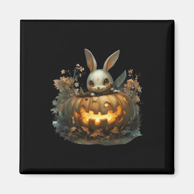 Bunny Mayhem Creepy Halloween Bunny Pumpkin Magnet (Framsidan)