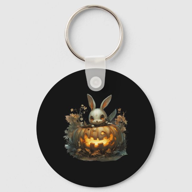 Bunny Mayhem Creepy Halloween Bunny Pumpkin Nyckelring (Framsida)
