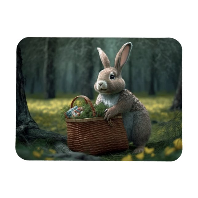 Bunny med Basket i Skogen Magnet (Horisontell)