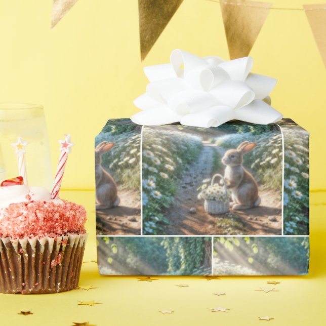 Bunny med Basket i vita Daisy Presentpapper (Födelsedagsfest)