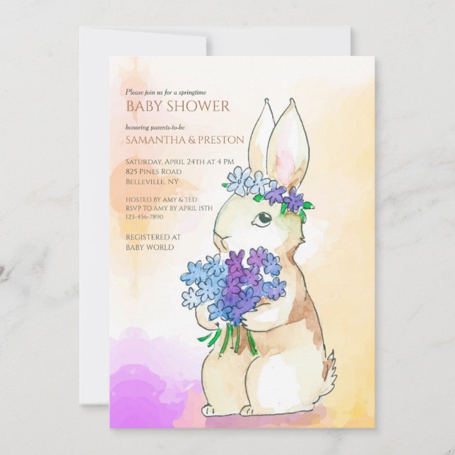 Bunny med blommig inbjudan till Bouquet Baby Showe (Framsida)