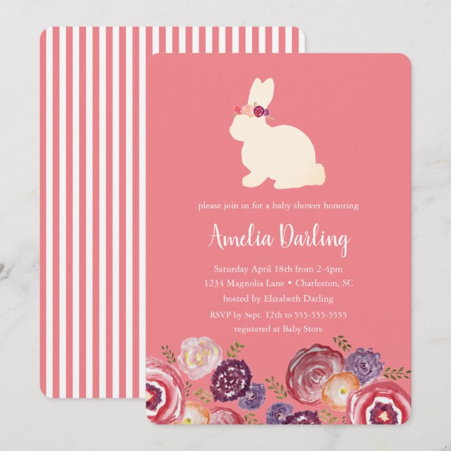 Bunny med Blommor Headband Baby Shower-inbjudan Inbjudningar (Fram/baksida)