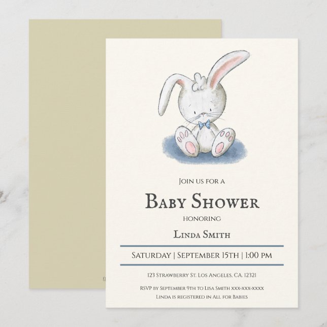 Bunny med Blue Bow Tie Boy Shower Inbjudningar (Fram/baksida)