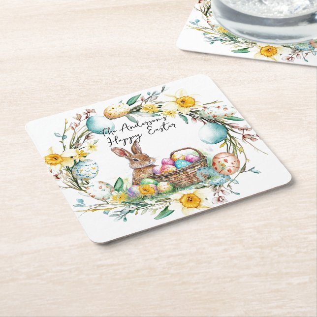 Bunny med dekorativa ägg I blommigt Påsk Underlägg Papper Kvadrat (Vinklad)