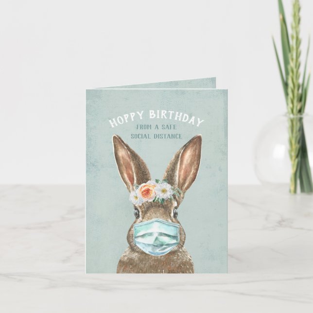 Bunny med Mask Social Avstånd Grattis på födelseda Kort (Framsida)