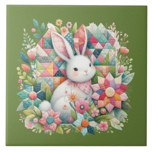Bunny med Quilt och Flowers Kakelplatta (Framsidan)
