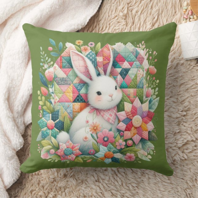 Bunny med Quilt och Flowers Kudde (Filt)