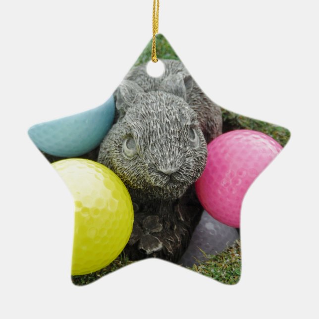 Bunny med rosa blue gult-ägg julgransprydnad keramik (Framsidan)