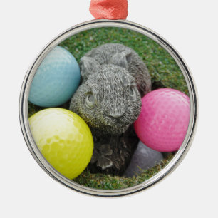 Bunny med rosa blue gult-ägg julgransprydnad metall
