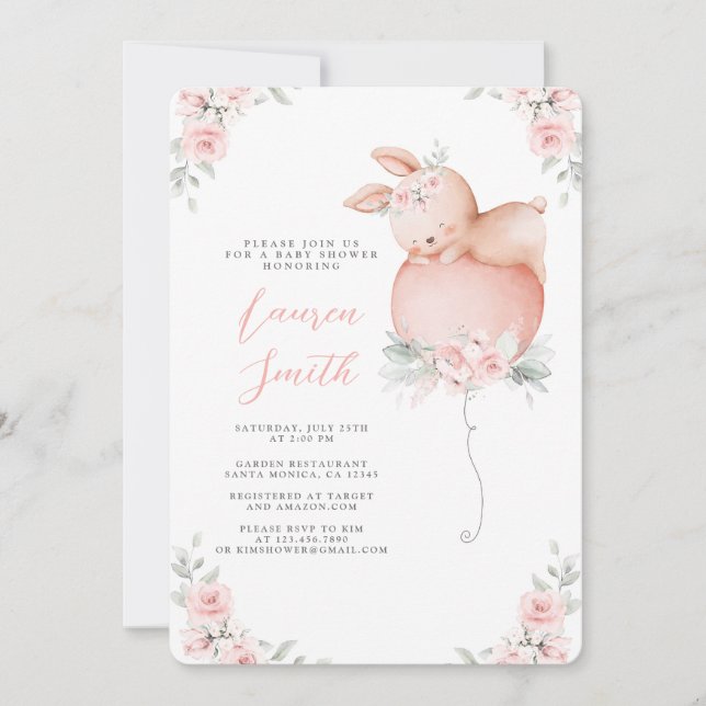Bunny och Balloon Baby Shower Girl-inbjudan Inbjudningar (Framsida)
