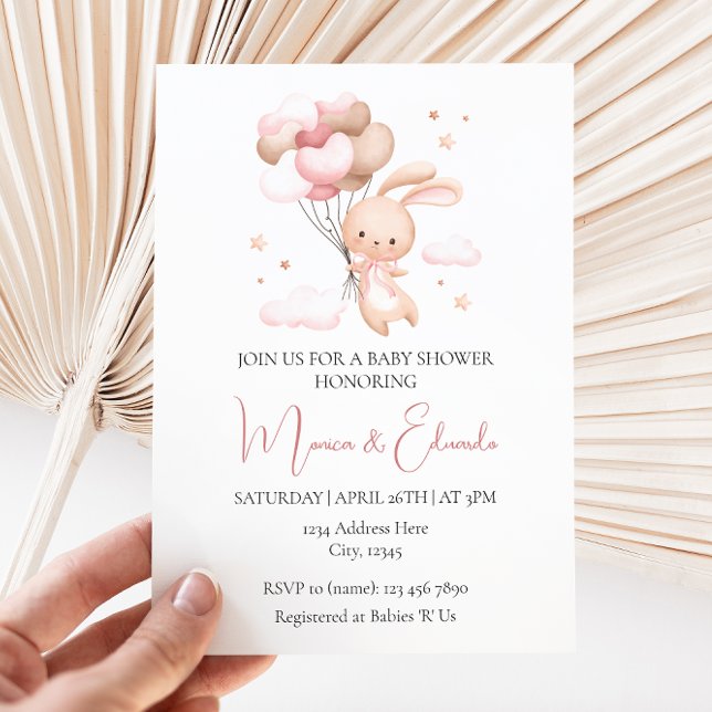 Bunny och Balloons Girl Baby Shower-inbjudan Inbjudningar (Skapare uppladdad)