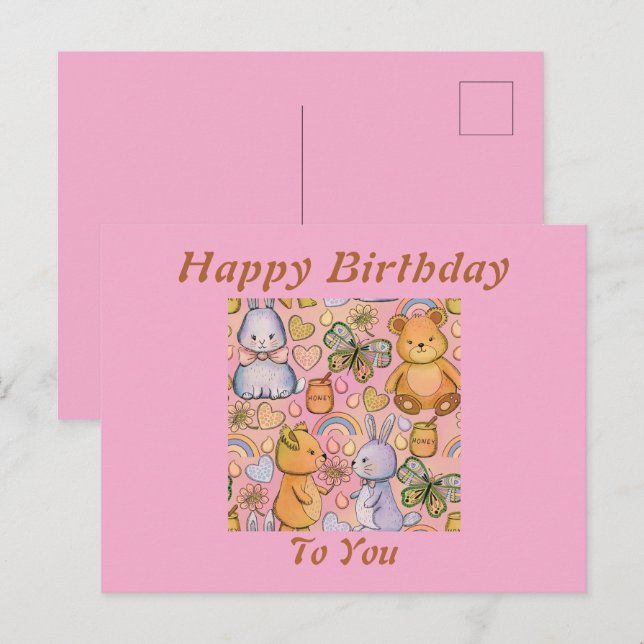 Bunny- och Bear Birthday-kort Vykort (Fram/baksida)