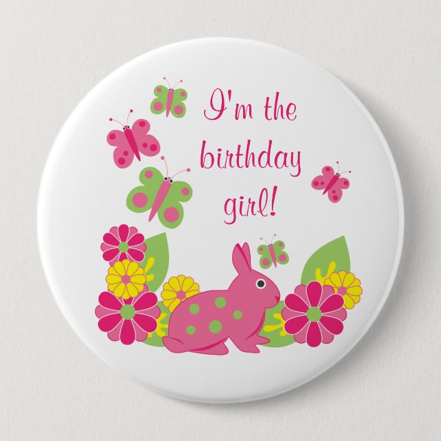 Bunny och Butterflies Girl's Birthday Button Knapp (Framsida)