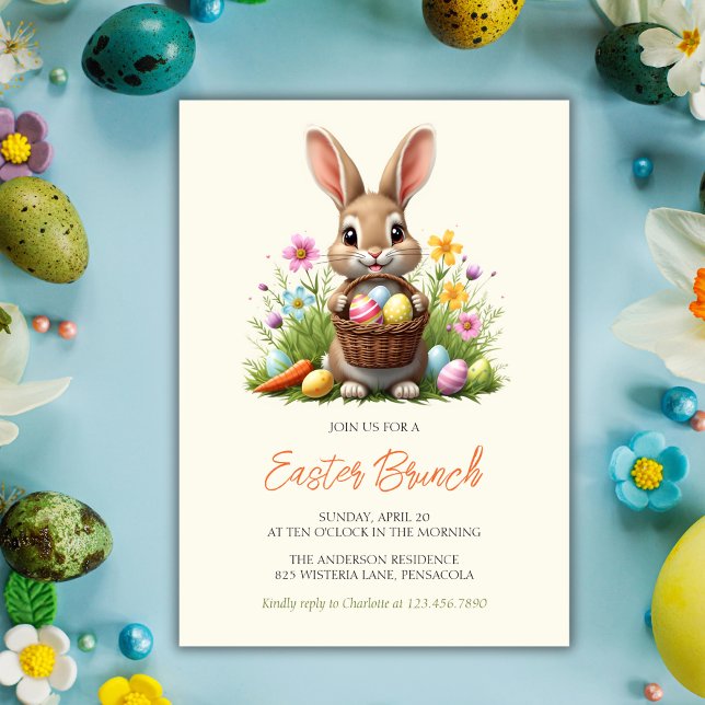 Bunny och Colorful Eggs Whimsical Påsk Brunch Inbjudningar (Modern Whimsical Easter Brunch Invitation with Bunny and Colorful Eggs)
