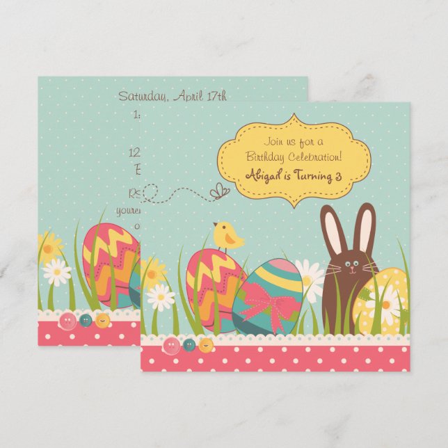 Bunny- och Påskägg-födelsedagsinbjudan ~ Girls Inbjudningar (Fram/baksida)