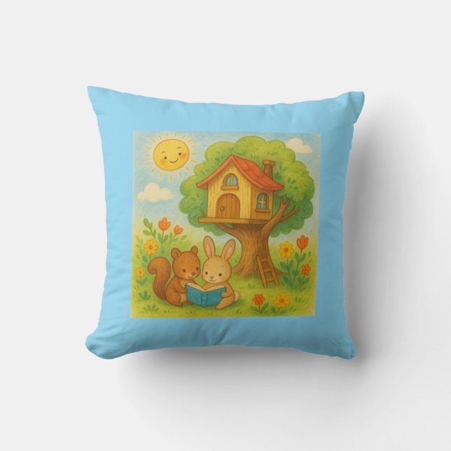 Bunny och Squirrel Reading by Treehouse - Cute Pas Kudde (Framsida)