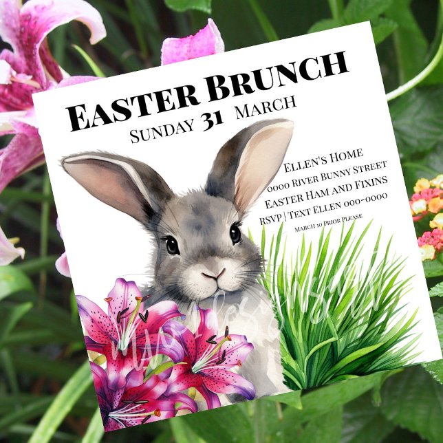 Bunny och Stargazer Lily för Påsk Inbjudningar (Easter bunny and stargazer lily on customizable Easter Brunch party invitations for Good Friday. )