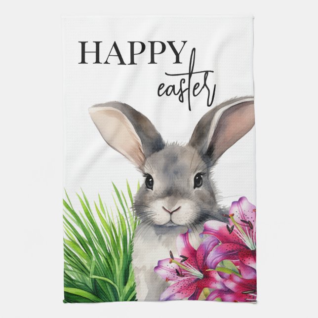 Bunny och Stargazer Lily för Påsk Kökshandduk (Vertikal)