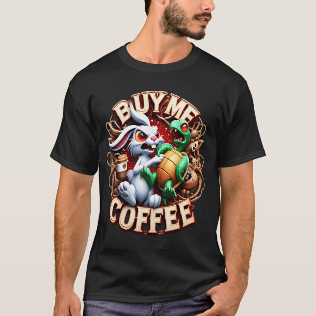 Bunny och Turtle med Coffee Kopp köper en kaffe åt T Shirt (Framsida)