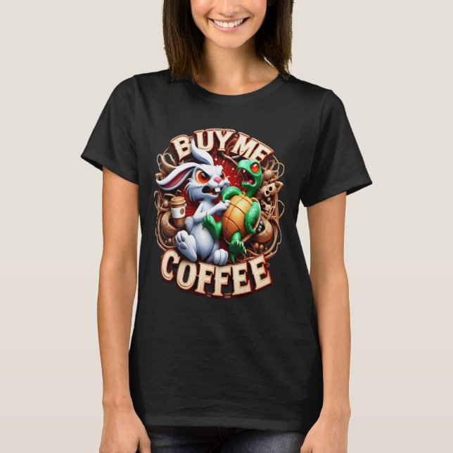 Bunny och Turtle med Coffee Kopp köper en kaffe åt T Shirt (Framsida)