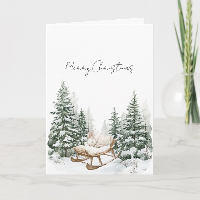 Bunny on Sleigh Snow Christmas Pine Trees Kort (Framsida)