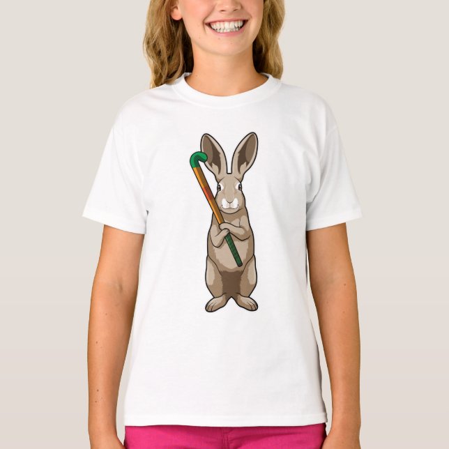 Bunny på Hockey med Hockey stick T Shirt (Framsida)