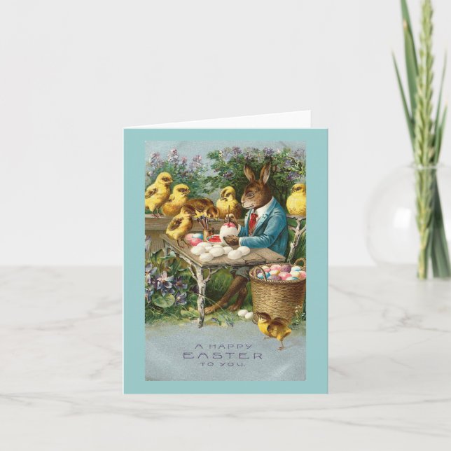 Bunny Painting Påskägg Vintage Helgkort (Framsida)