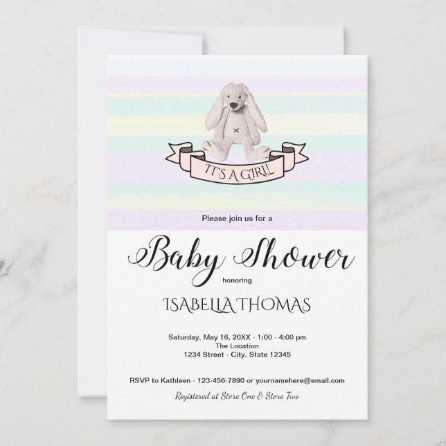 Bunny Pastel Rosa Blue Gult Rand Baby Shower Inbjudningar (Framsida)