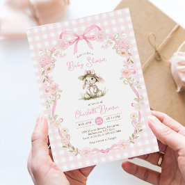 Bunny Pink Bow Gingham Baby Shower Inbjudningar