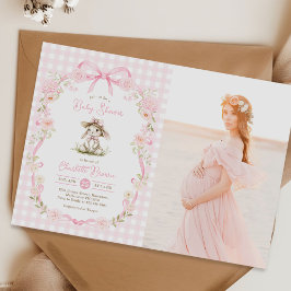 Bunny Pink Bow Gingham Baby Shower Photo Inbjudningar