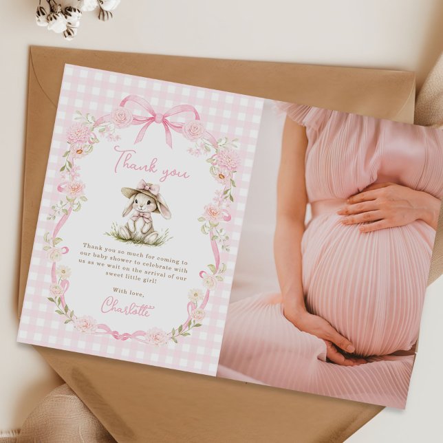 Bunny Pink Bow Gingham Baby Shower Photo Tack Kort (Skapare uppladdad)