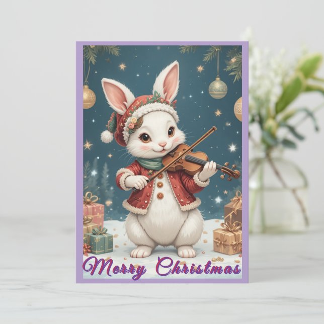 Bunny Playing Violine Christmas Flat Holiday Card Julkort (Stående Fram)