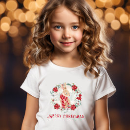 Bunny Poinsettia Watercolor Girl jul T Shirt