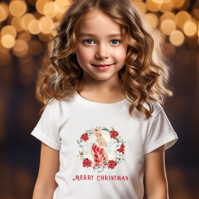 Bunny Poinsettia Watercolor Girl jul T Shirt (Bunny Poinsettia Watercolor Girl Christmas T-Shirt)