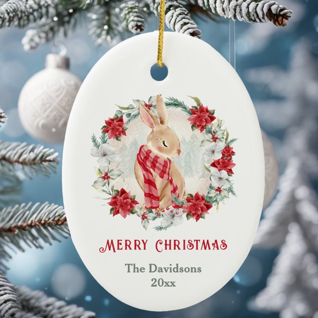 Bunny Poinsettia Watercolor Namn jul Julgransprydnad Keramik (Bunny Poinsettia Watercolor Name Christmas Ceramic Ornament)