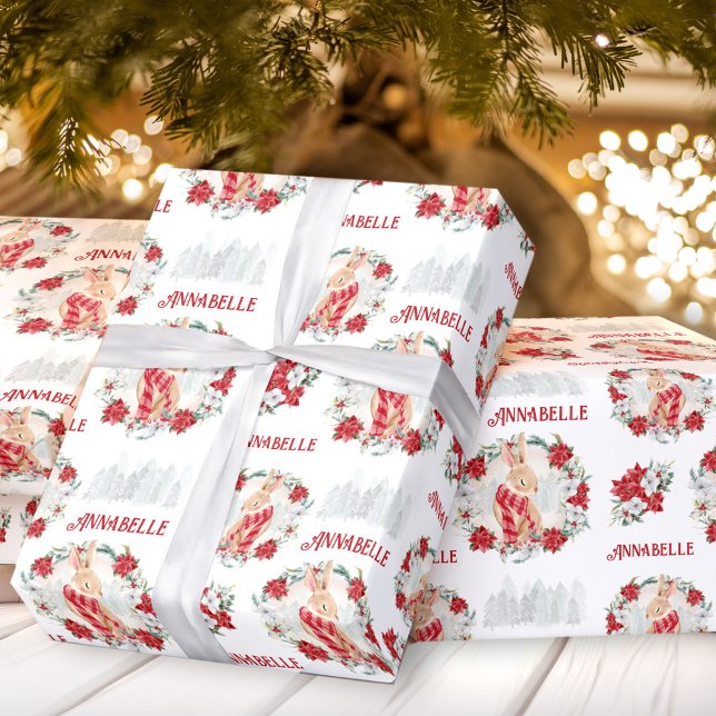 Bunny Poinsettia Watercolor Namn jul Presentpapper (Bunny Poinsettia Watercolor Name Christmas Wrapping Paper)