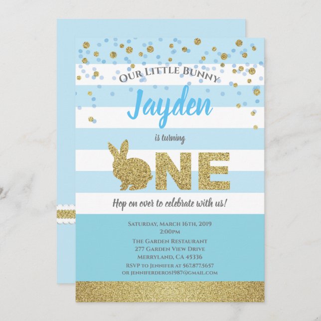 Bunny pojke 1:a födelsedag, blått och guld inbjudningar (Fram/baksida)