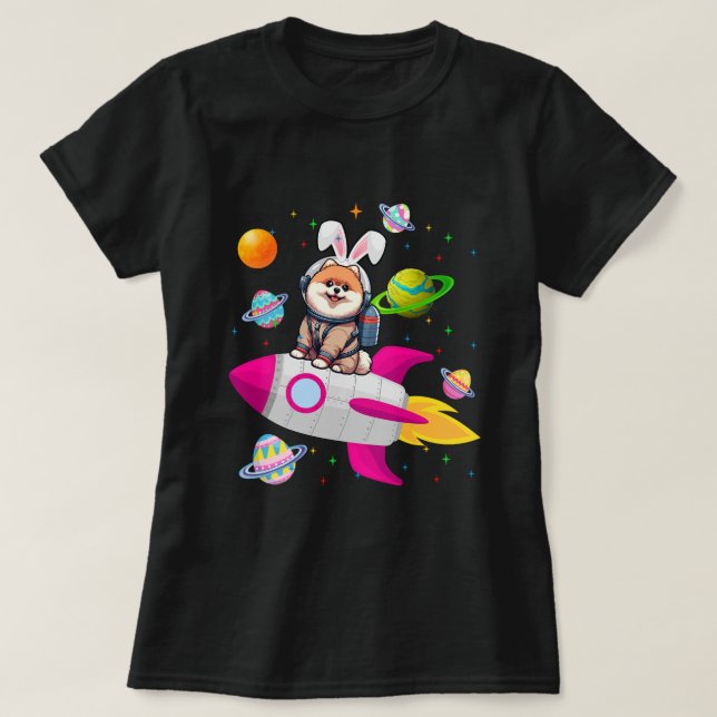 Bunny Pomeranian på rymdplaneten Påsk Hundägare T Shirt (Design framsida)