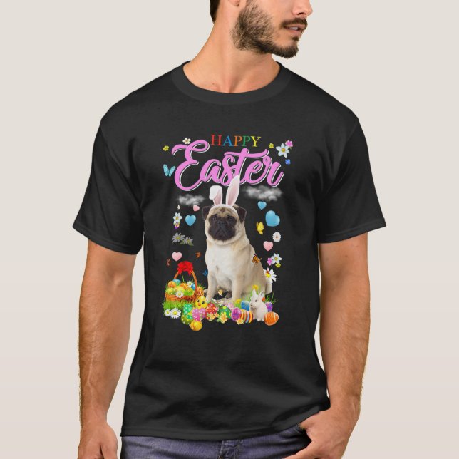 Bunny Pug Hund Glad påsk Eggs T Shirt (Framsida)