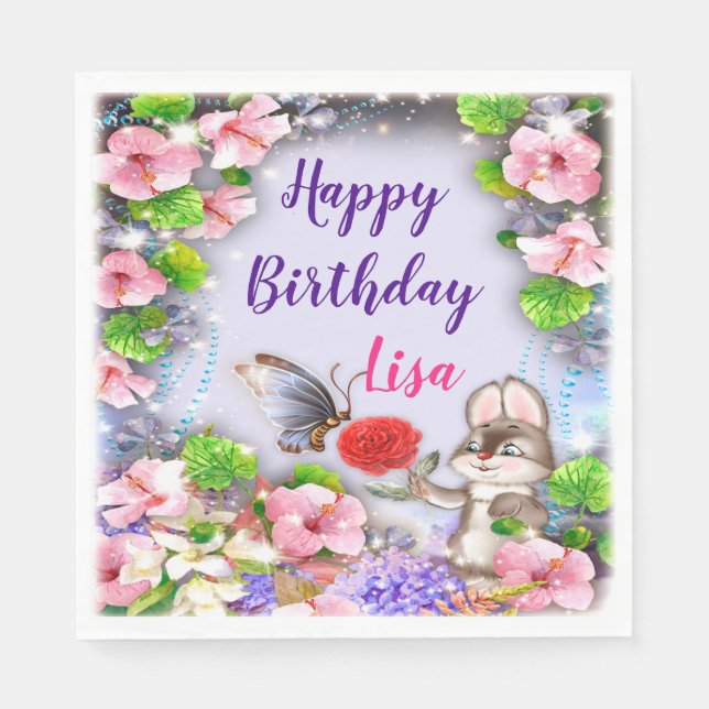 Bunny Rabbit and Butterfly Födelsedagsfest Pappersservett (Framsidan)