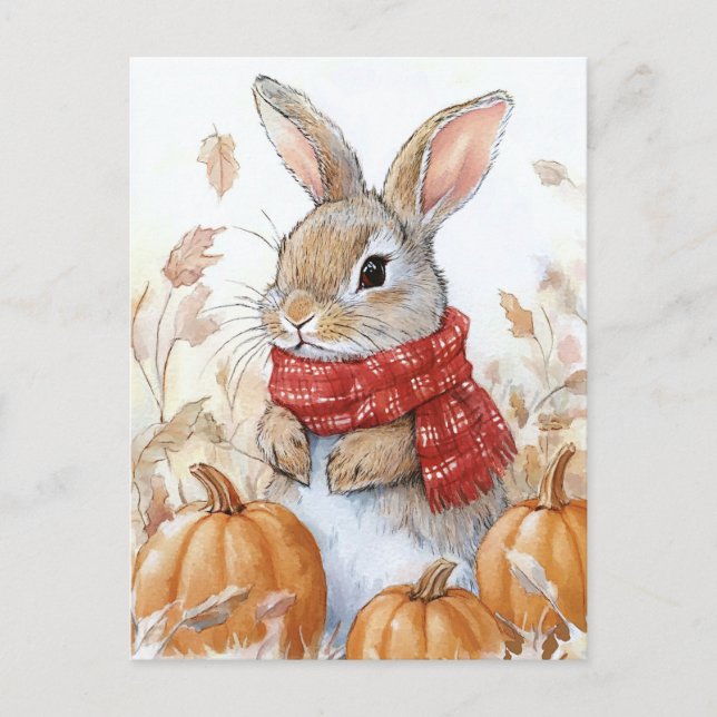 Bunny Rabbit Autumn Pumpkin Illustration Vykort (Framsida)