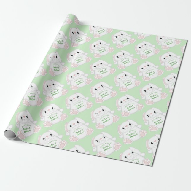 Bunny Rabbit Baby Shower Grönt Presentpapper (Utrullad)