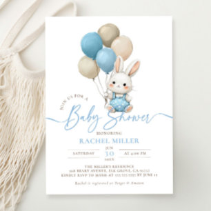 Bunny Rabbit Balloons Blue Boy Baby Shower Inbjudningar