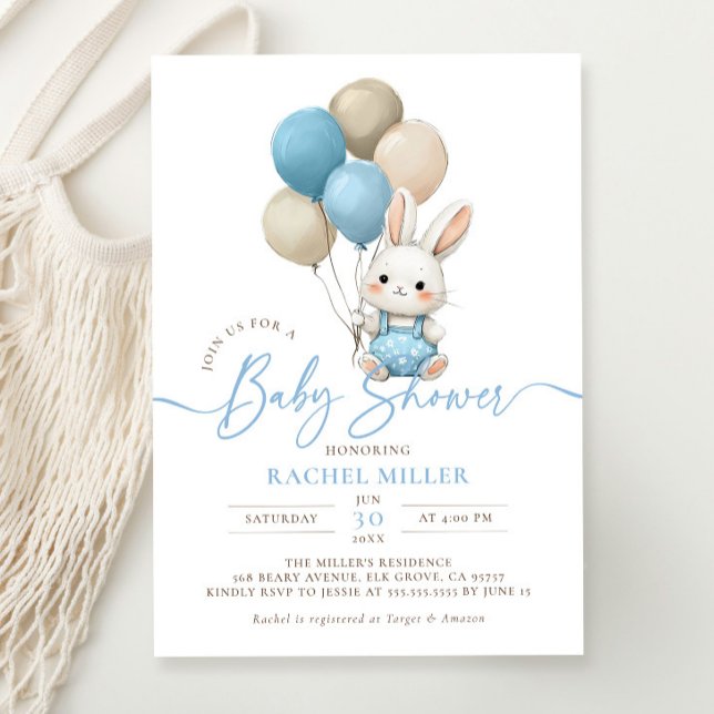 Bunny Rabbit Balloons Blue Boy Baby Shower Inbjudningar (Skapare uppladdad)