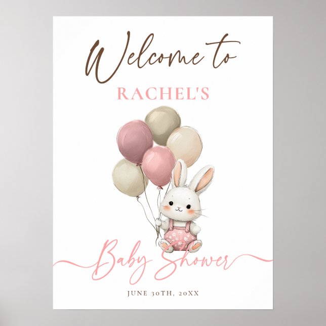 Bunny Rabbit Balloons Rosa Baby Shower Välkommen Poster (Framsidan)