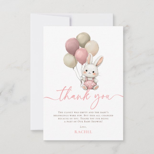 Bunny Rabbit Balloons Rosa Girl Baby Shower Tack Kort (Framsida)