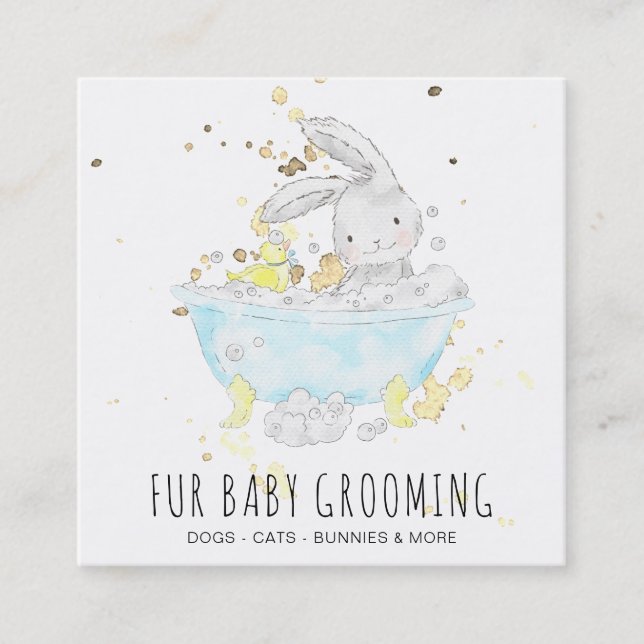 *~* Bunny Rabbit Bath Tub Daycare Teacher Grooming Fyrkantigt Visitkort (Framsida)